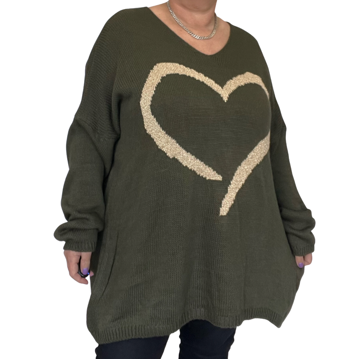 OVERSIZED V-NECK KNITTED JUMPER WITH LARGE GOLD HEART