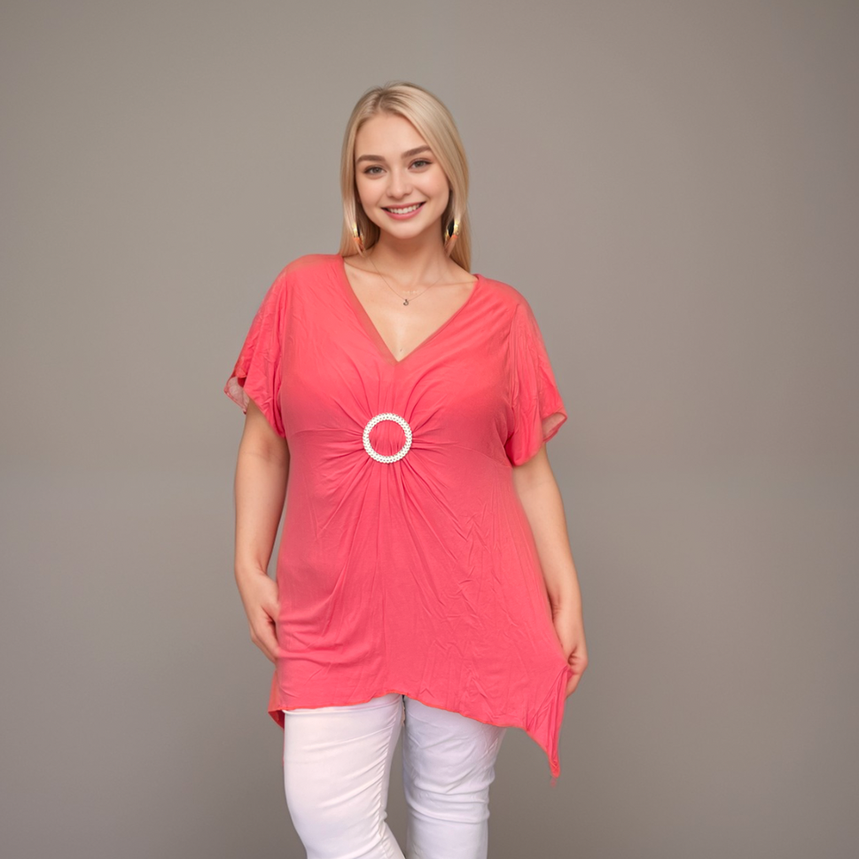 Plus Size Hanky Hem Short Sleeve V‑Neck Top with Circle Brooch