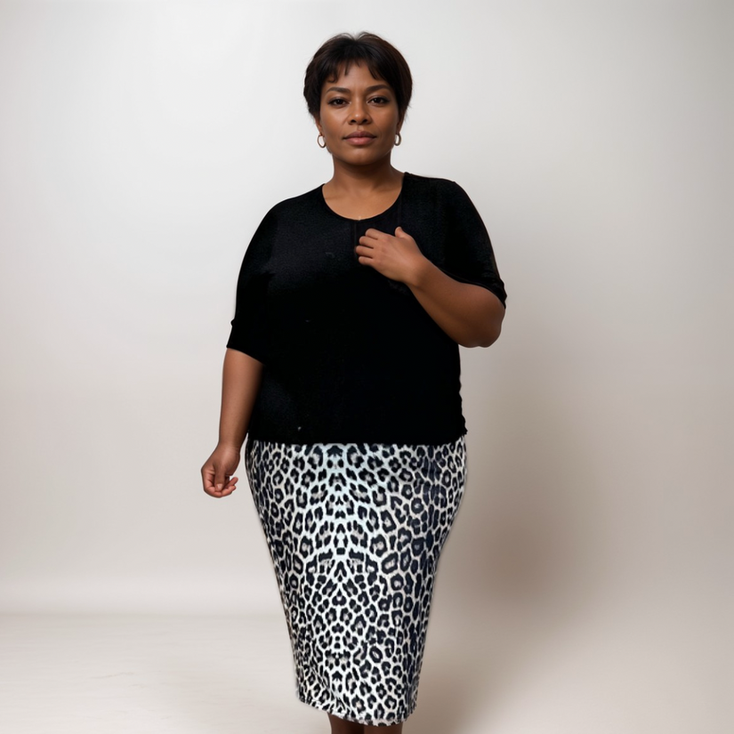 Plus‑Size Leopard Print Short Sleeve Party Dress with Lace Overlay Top