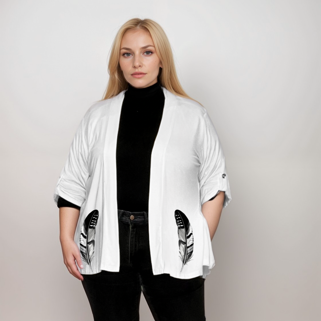 Plus‑Size Feather Trim Open Front Cardigan