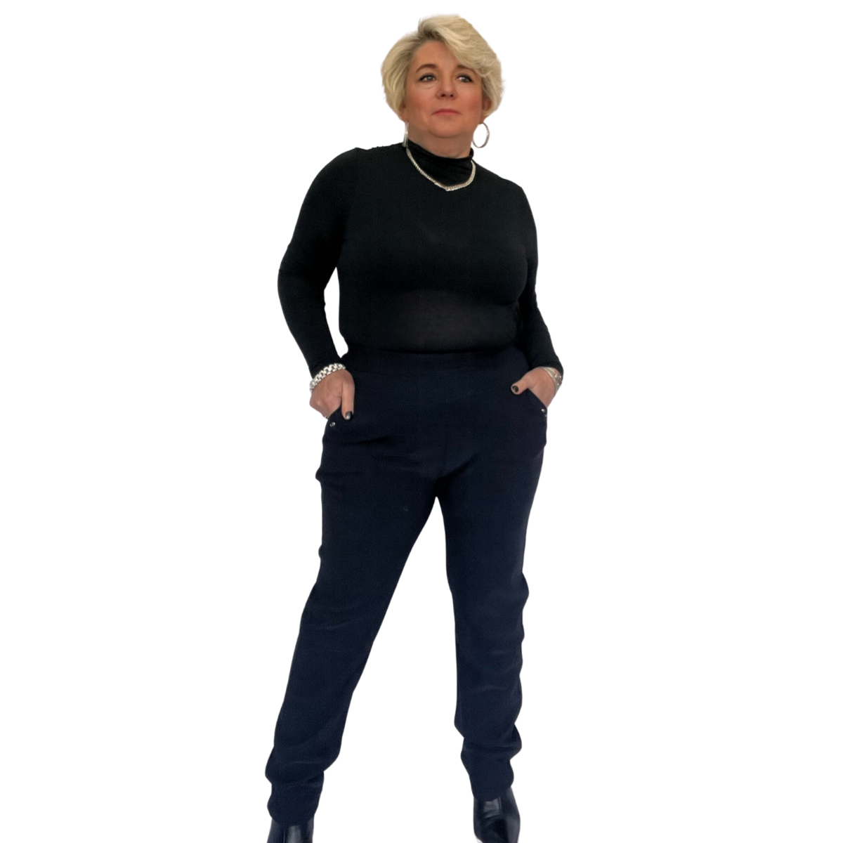 PLAIN NAVY BLUE STRETCHY TROUSERS WITH STUDDED POCKETS