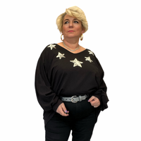 V NECK LONG SLEEVE BATWING TOP WITH SEQUIN STARS