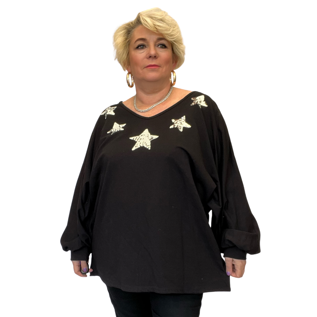 V NECK LONG SLEEVE BATWING TOP WITH SEQUIN STARS