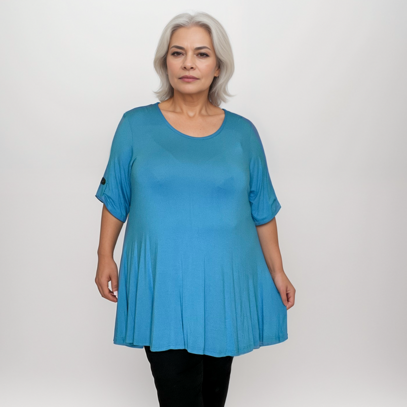 Plus‑Size 3/4 Sleeve Swing Top with Button Sleeves