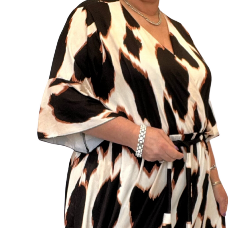 Stretchy Bell Sleeve Calf Length Dress with Mock Wrap Top