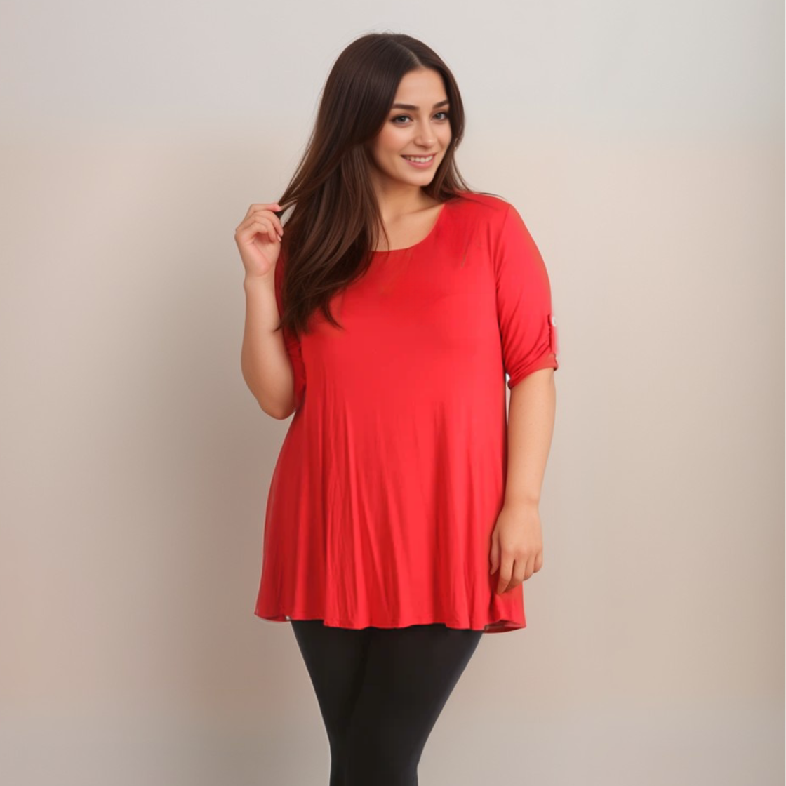 Plus‑Size 3/4 Sleeve Swing Top with Button Sleeves