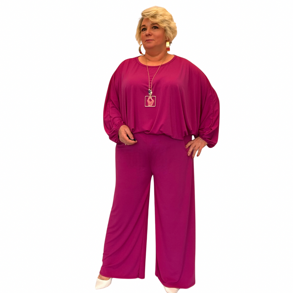 ROCKTHOSECURVES TWO PIECE PALAZZO TROUSERS + BATWING TOP OUTFITMagenta / UK 16-18