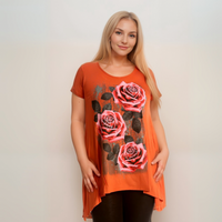 Plus‑Size Roses Print Short Sleeve Hanky Hem Top