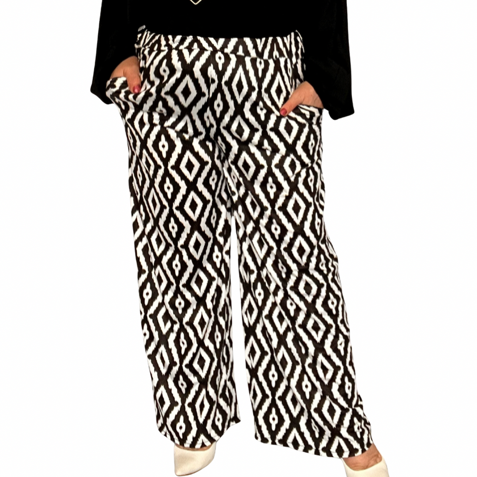 BLACK WHITE DIAMOND PRINT SIDE POCKET PALAZZO TROUSERS