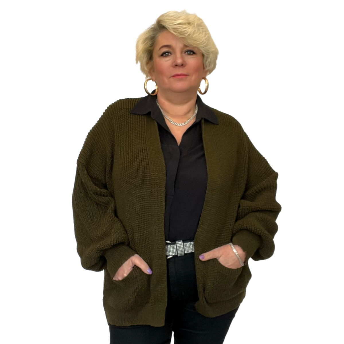 ROCKTHOSECURVES LOOSE FIT CHUNKY KNIT CARDIGAN WITH FRONT POCKETS