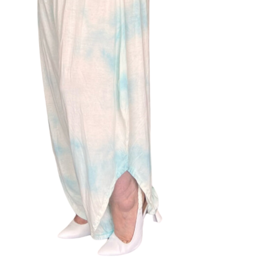 TIE DYE STRAPLESS BOOB TUBE JUMPSUIT WITH V HEM TO LEGS