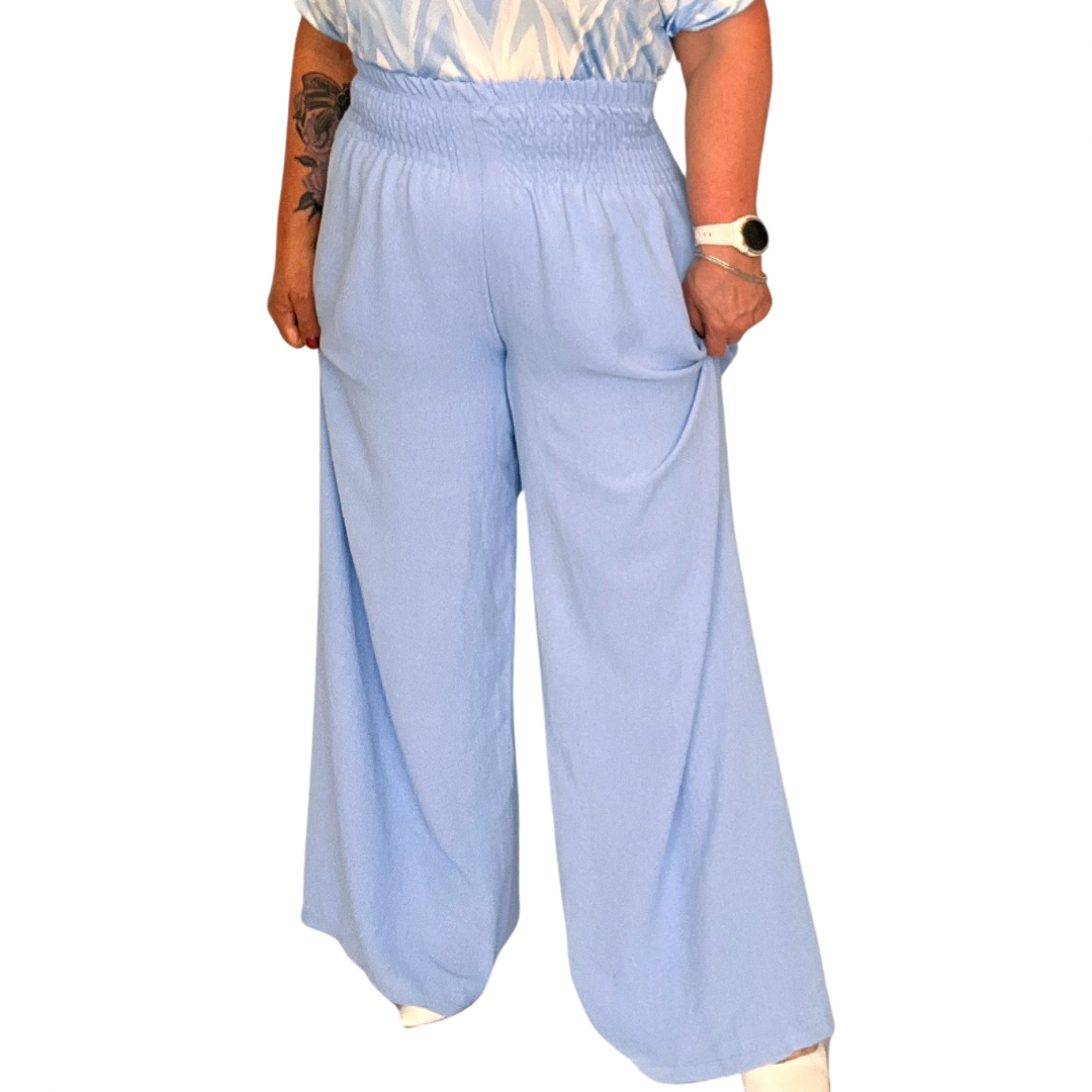 HIGH SMOCKED ELASTICATED WAIST WIDE LEG PALAZZO TROUSERS