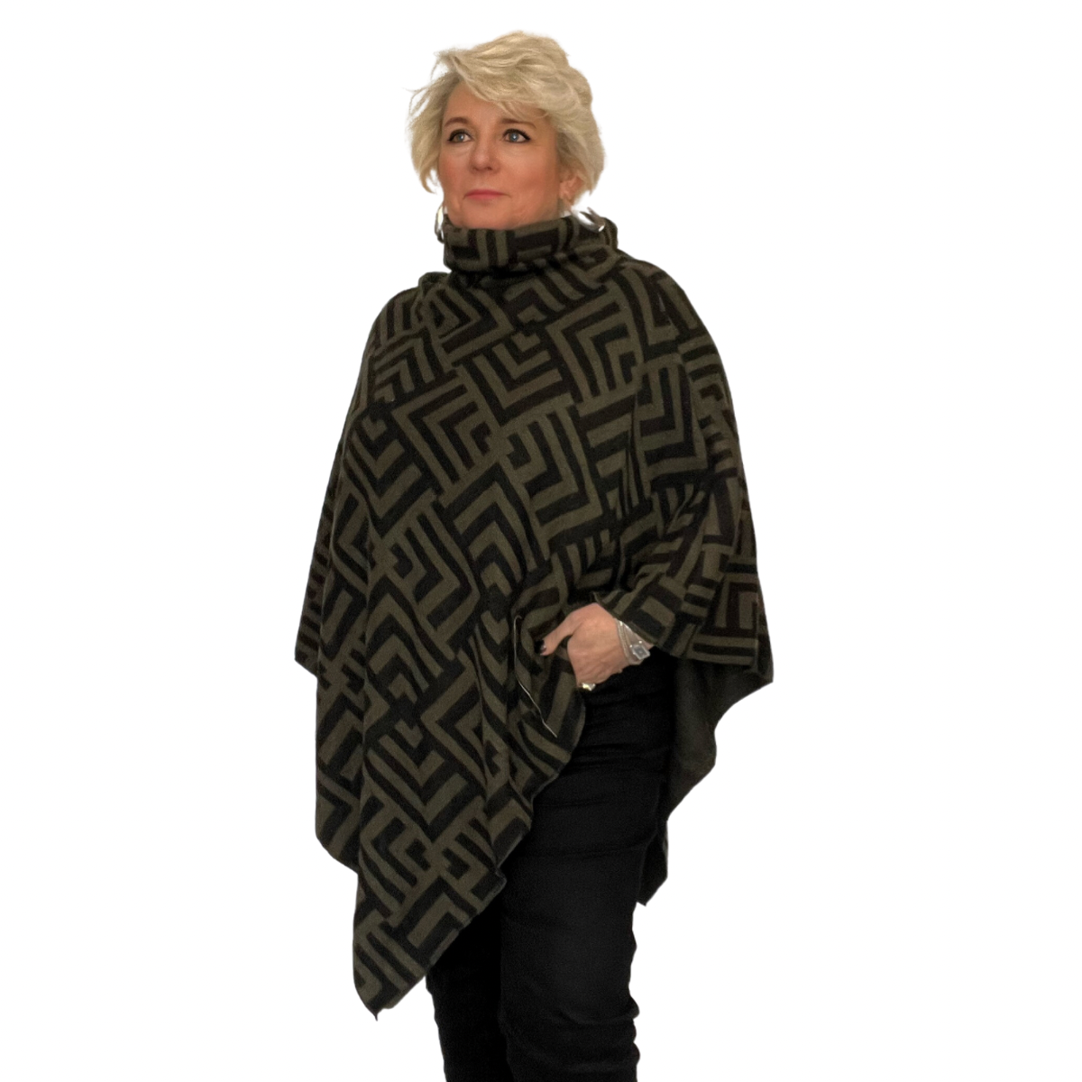 ROCKTHOSECURVES V HEM POLO NECK KNITTED PONCHO WITH GRECIAN PATTERN