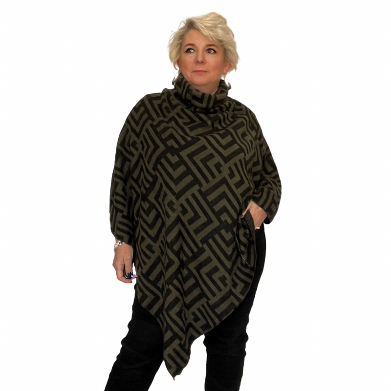 V HEM POLO NECK KNITTED PONCHO WITH GRECIAN PATTERN