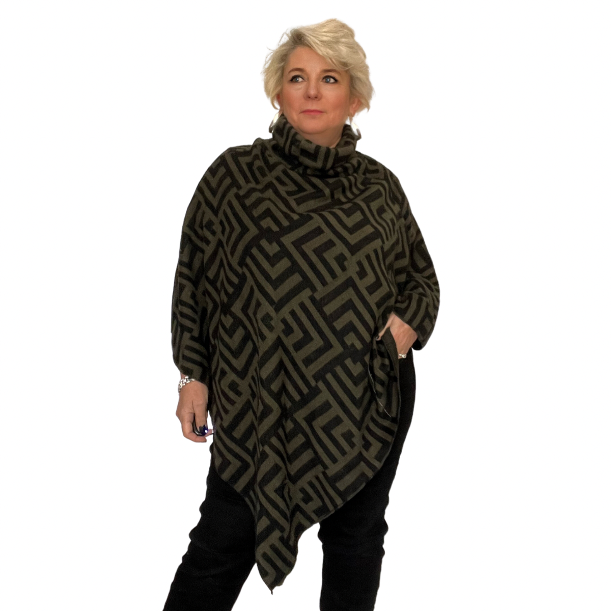 ROCKTHOSECURVES V HEM POLO NECK KNITTED PONCHO WITH GRECIAN PATTERN