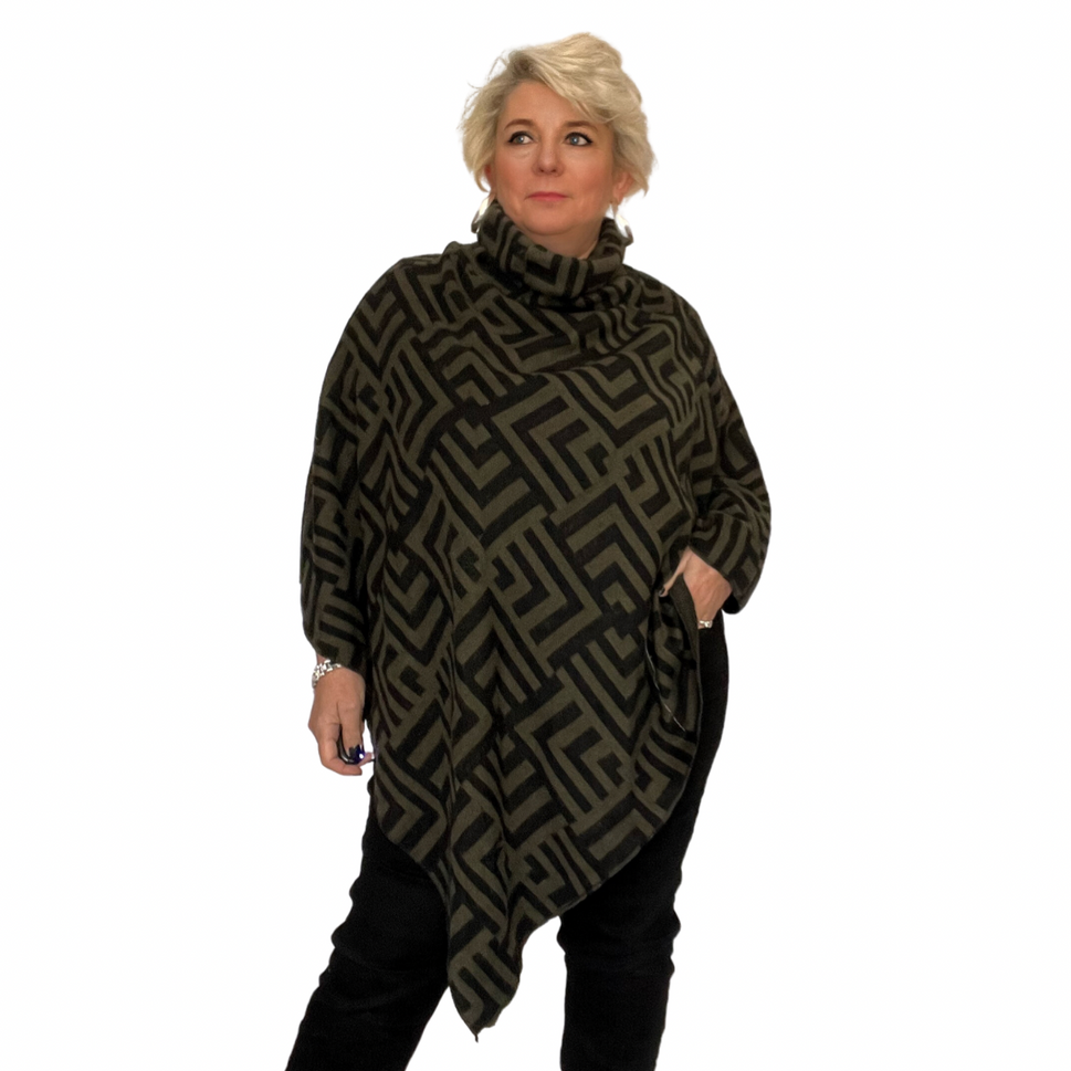 ROCKTHOSECURVES V HEM POLO NECK KNITTED PONCHO WITH GRECIAN PATTERNKHAKI / ONE SIZE