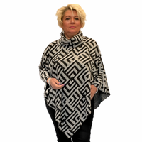 V HEM POLO NECK KNITTED PONCHO WITH GRECIAN PATTERN