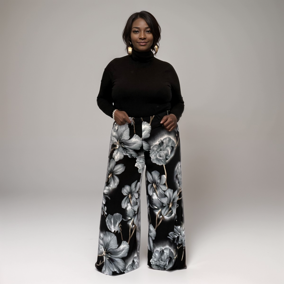 Large Flower Print Wide Leg High Rise Palazzo Trousers