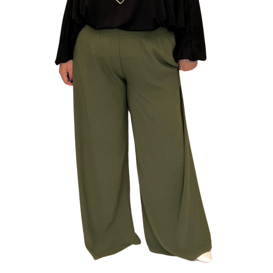 HIGH SMOCKED ELASTICATED WAIST WIDE LEG PALAZZO TROUSERS