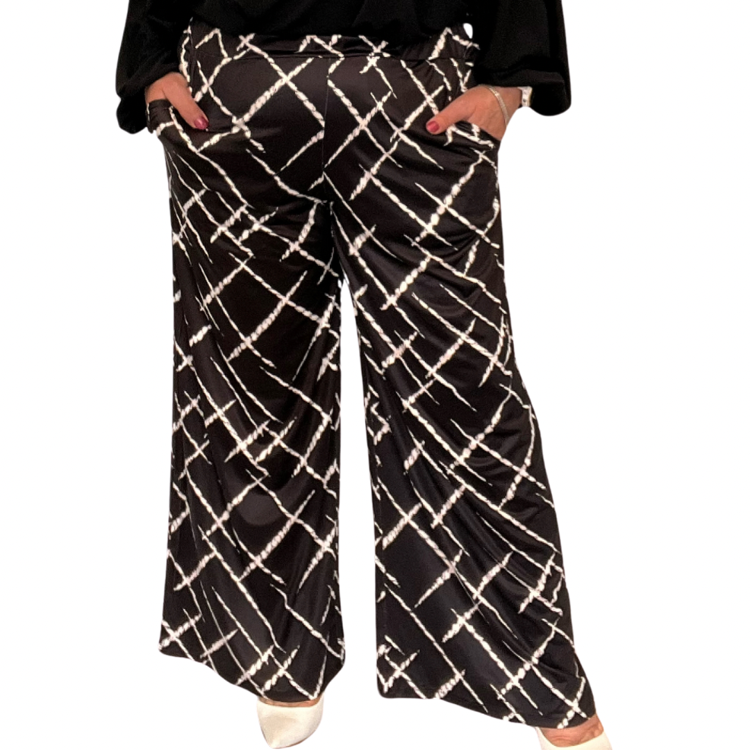 ROCKTHOSECURVES BLACK WHITE ABSTRACT LINES SIDE POCKET PALAZZO TROUSERS