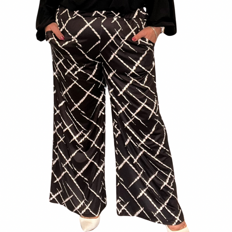 ROCKTHOSECURVES BLACK WHITE ABSTRACT LINES SIDE POCKET PALAZZO TROUSERS