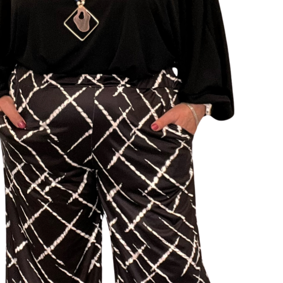 ROCKTHOSECURVES BLACK WHITE ABSTRACT LINES SIDE POCKET PALAZZO TROUSERS