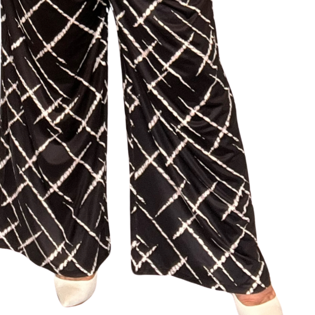 ROCKTHOSECURVES BLACK WHITE ABSTRACT LINES SIDE POCKET PALAZZO TROUSERS