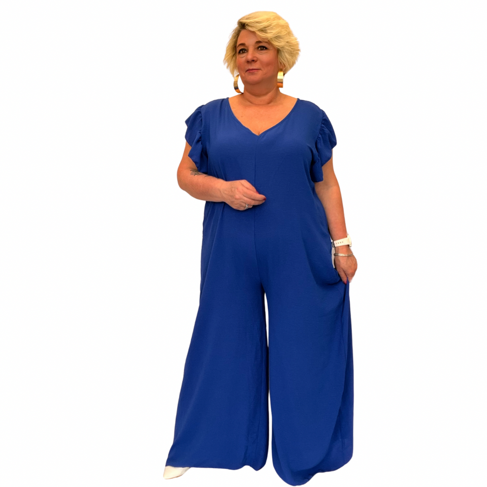 ROCKTHOSECURVES V NECK FRILLED CAP SLEEVE JUMPSUITROYAL BLUE / UK 16-18