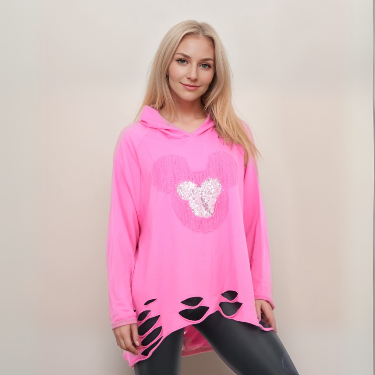 Cut-Out Hanky Hem Sequin Ears Hoodie – Loose Swing Style