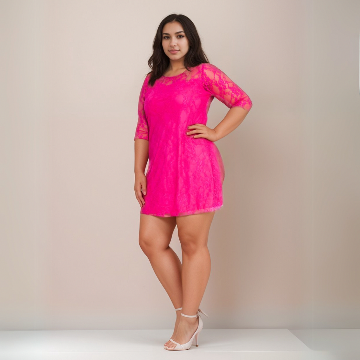 Plus‑Size Fine Lace 3/4 Sleeve Swing Dress with Sweetheart Neckline