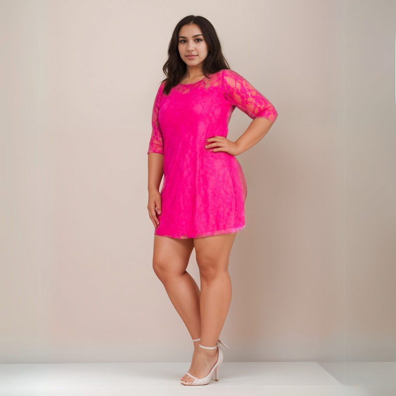 Plus‑Size Fine Lace 3/4 Sleeve Swing Dress with Sweetheart Neckline