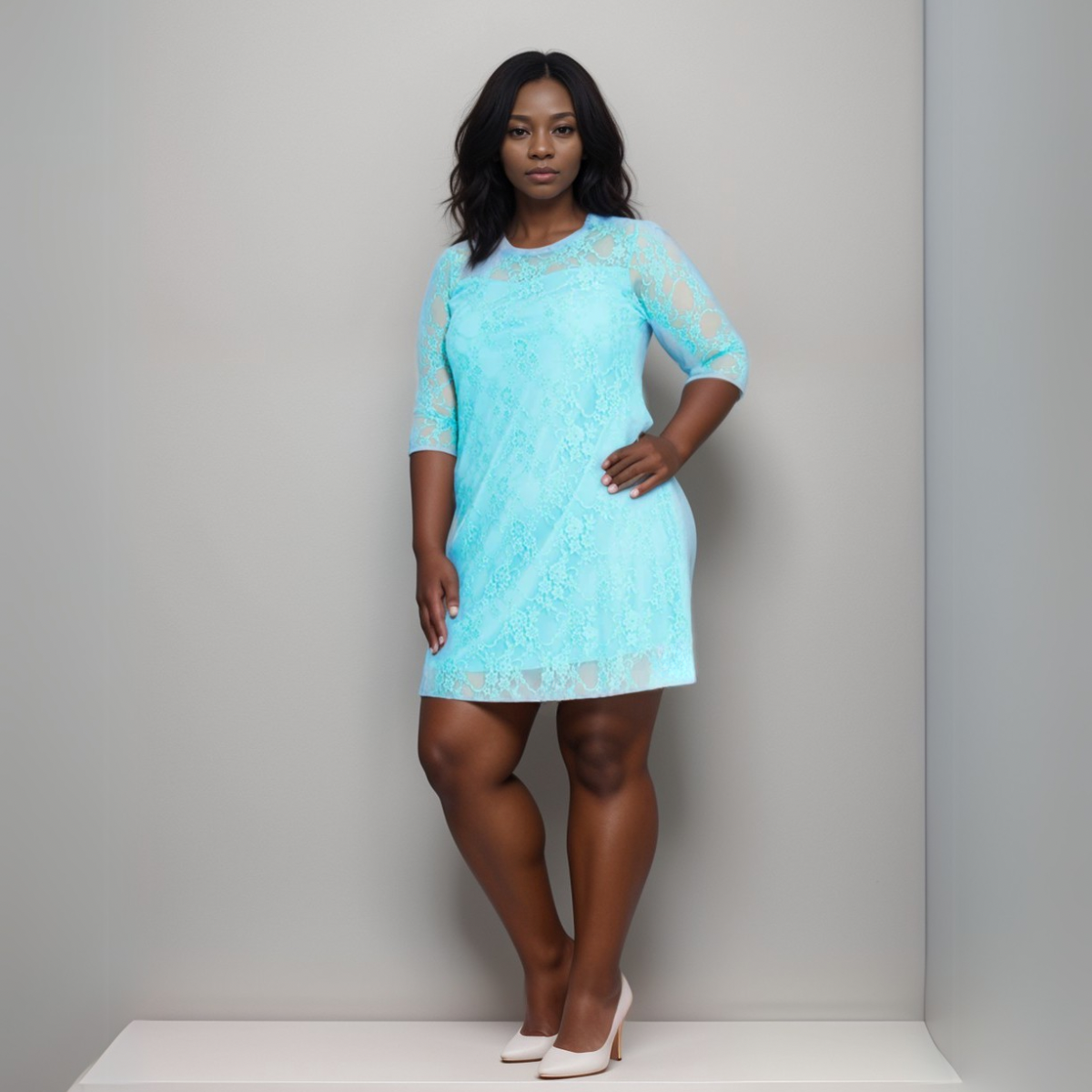 Plus‑Size Fine Lace 3/4 Sleeve Swing Dress with Sweetheart Neckline