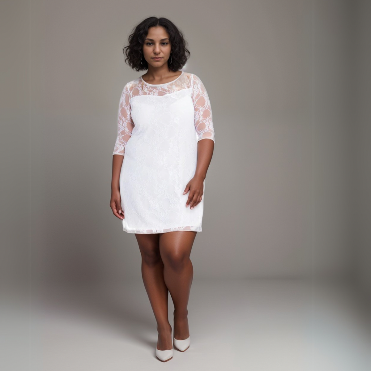 Plus‑Size Fine Lace 3/4 Sleeve Swing Dress with Sweetheart Neckline