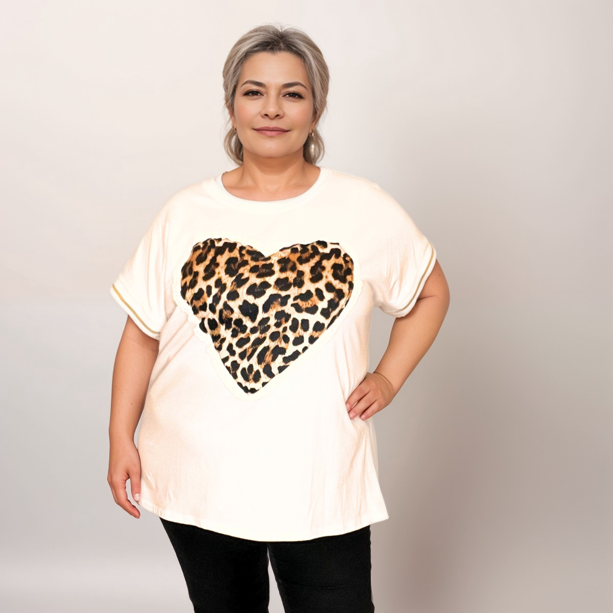 Plus‑Size Frilled Leopard Heart Front T‑Shirt