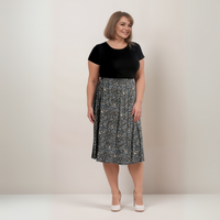 Plus‑Size Black Calf‑Length Skirt with Pink & Cream Flowers