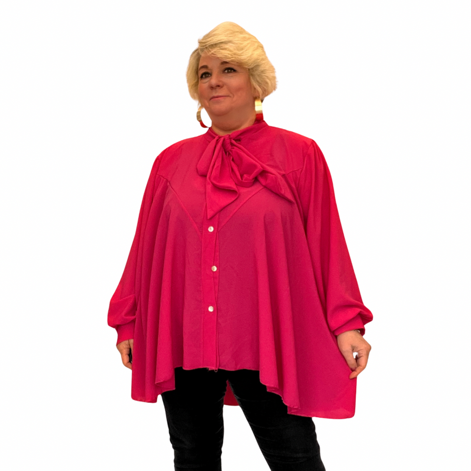 ROCKTHOSECURVES DIPPED HEM TIE NECK LOOSE FITTING BLOUSEFuchsia / UK 12-14