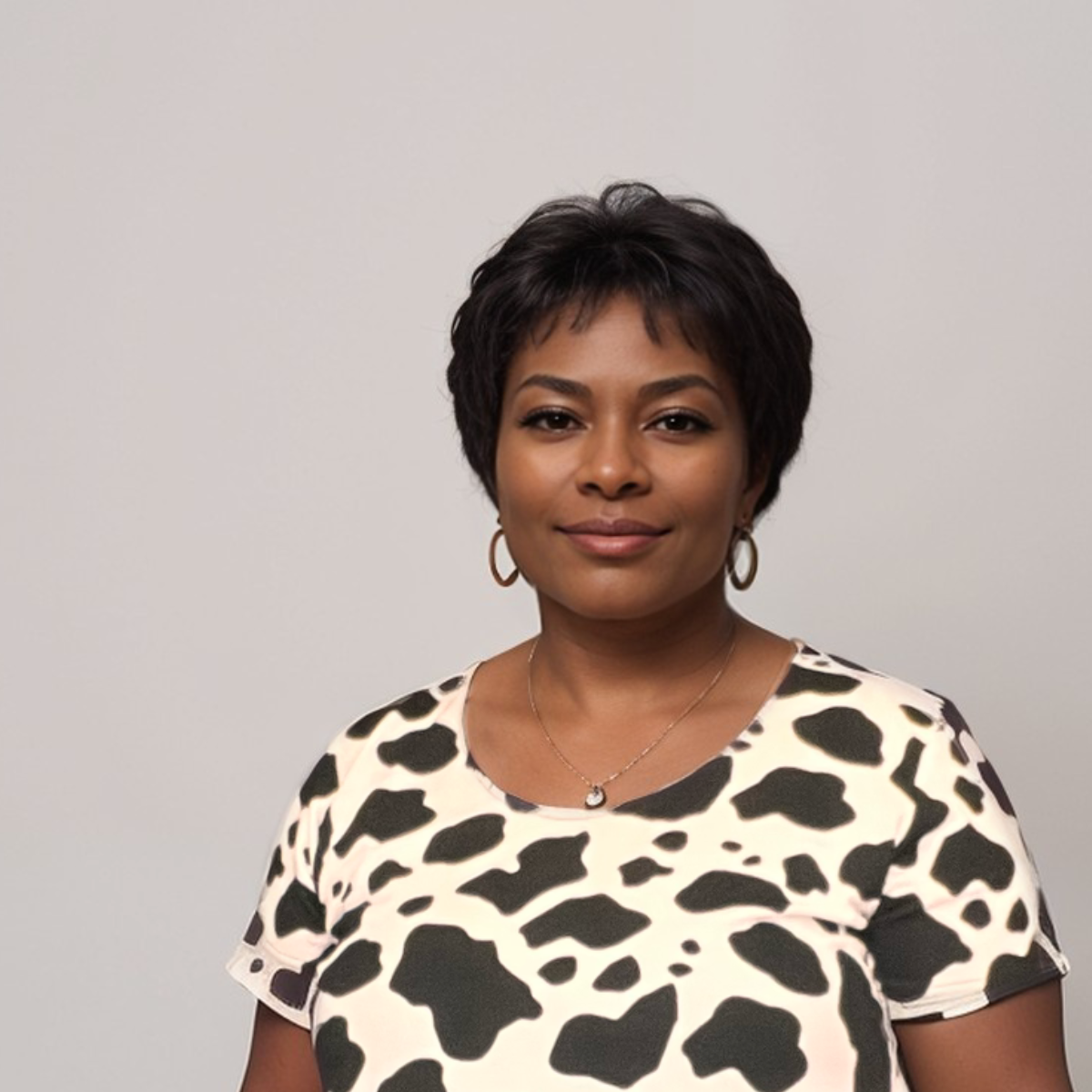 Plus‑Size Cow Print Short Sleeve Swing Top with Hanky Hem