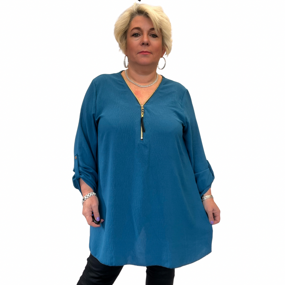 ROCKTHOSECURVES FEATURE V NECK ZIP BUTTON SLEEVE LONG LENGTH BLOUSE / TOPTEAL / UK 14