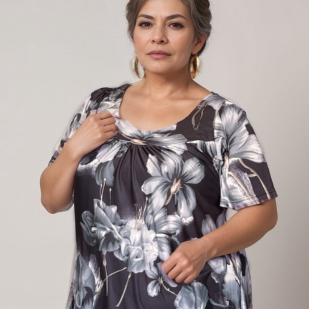 Plus‑Size Two-Piece Floral Outfit Set – Smock Top & Trousers