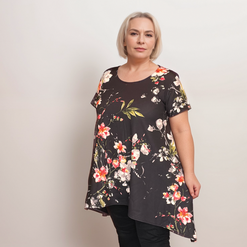 Plus‑Size Black Floral Crepe Swing Top with Hanky Hem