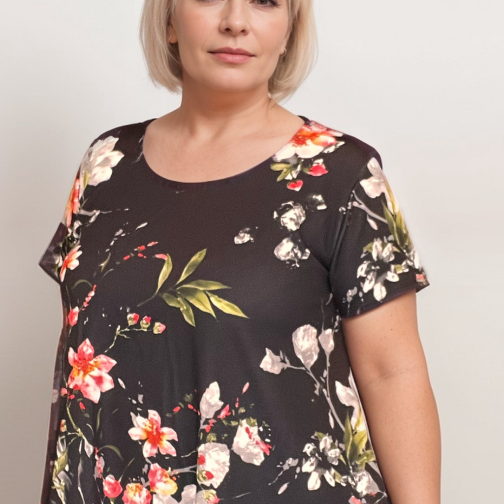 Plus‑Size Black Floral Crepe Swing Top with Hanky Hem