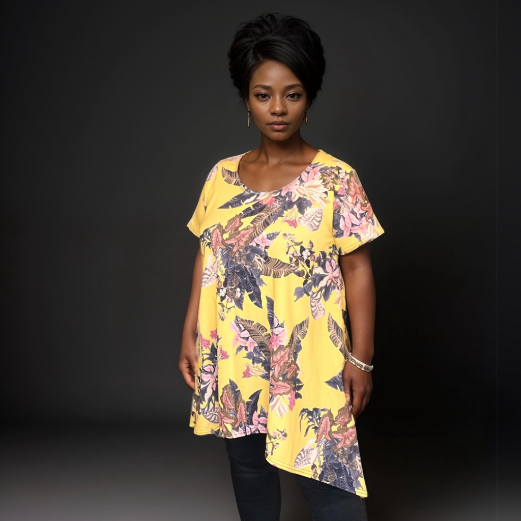 Plus‑Size Yellow Tropical Crepe Swing Top with Hanky Hem