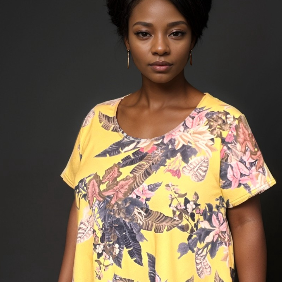 Plus‑Size Yellow Tropical Crepe Swing Top with Hanky Hem