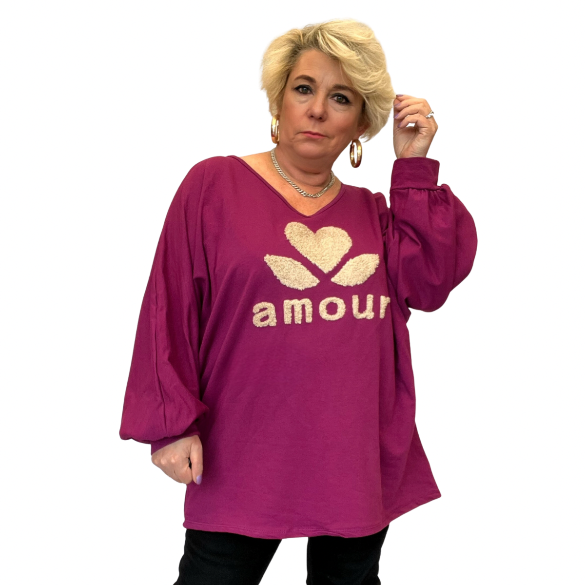 V NECK LONG SLEEVE BATWING TOP WITH FLUFFY AMOUR LOGO