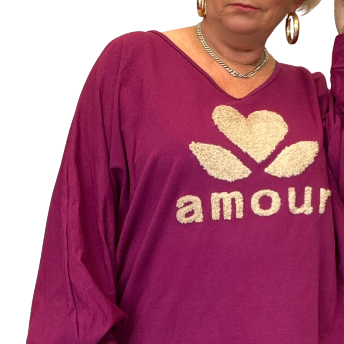 V NECK LONG SLEEVE BATWING TOP WITH FLUFFY AMOUR LOGO