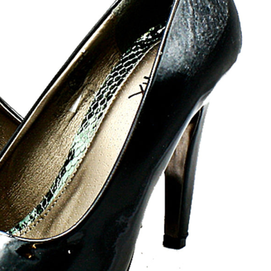 ROCKTHOSECURVES BLACK PATENT ALMOND TOE HIGH HEEL COURT SHOES