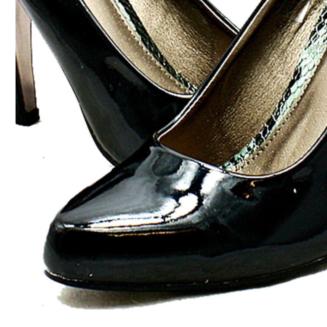 ROCKTHOSECURVES BLACK PATENT ALMOND TOE HIGH HEEL COURT SHOES