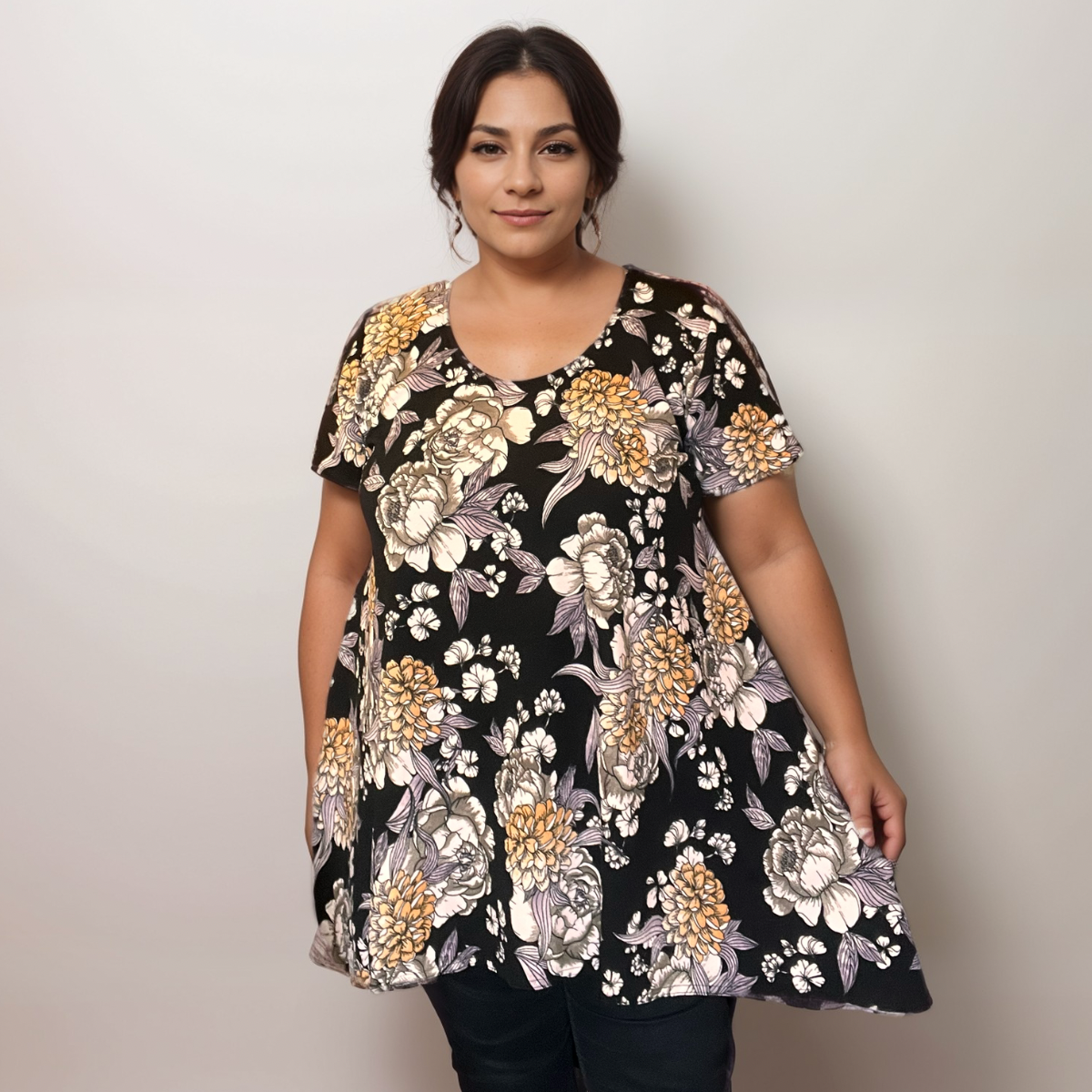 Plus-Size Black & Yellow Floral Crepe Swing Top with Hanky Hem