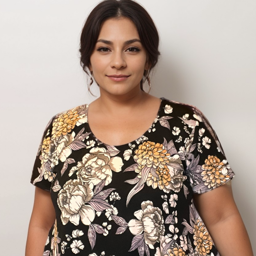 Black & Yellow Floral Crepe Hanky Hem  Swing Top