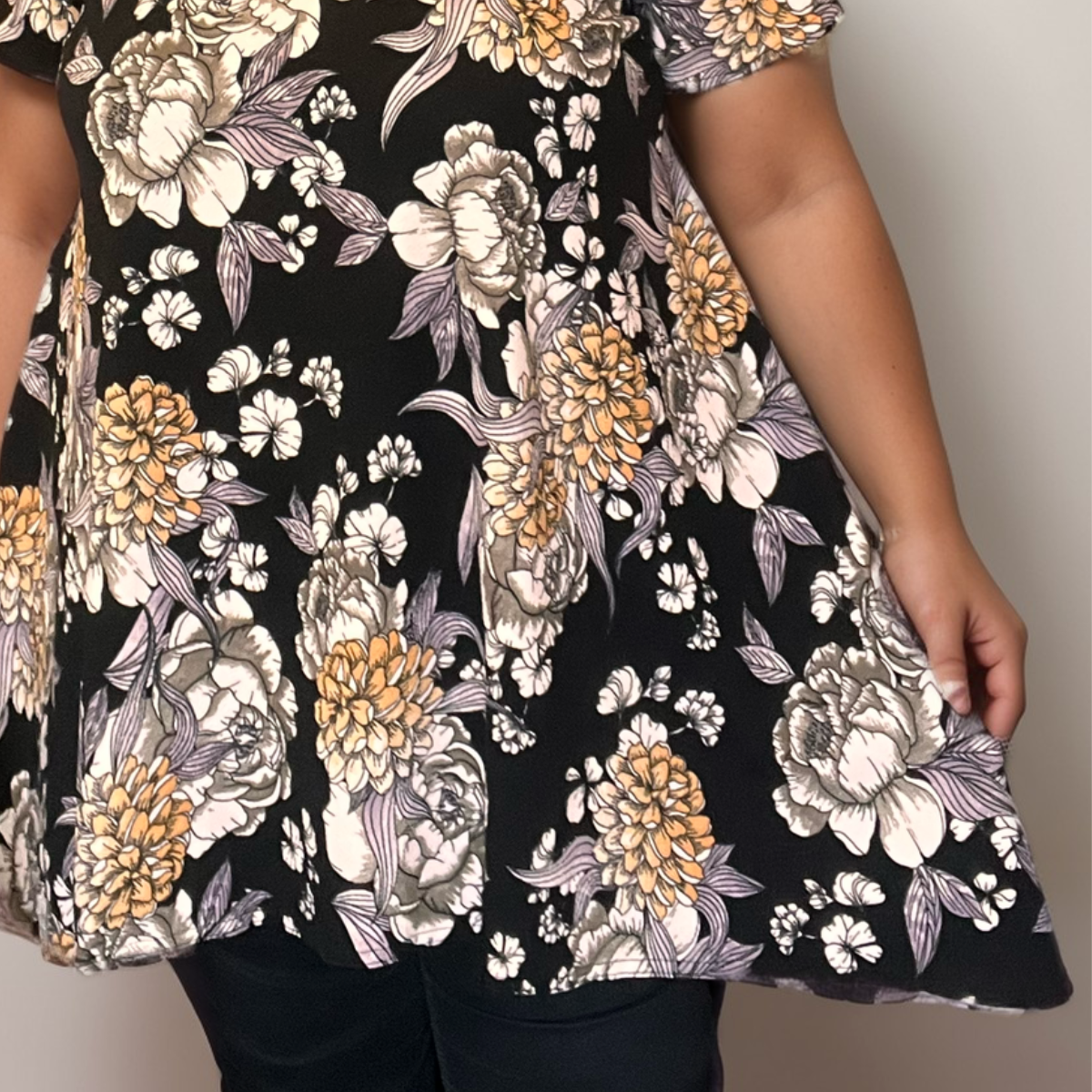 Plus-Size Black & Yellow Floral Crepe Swing Top with Hanky Hem